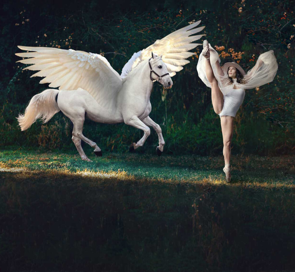 High end composite of a Ballet dancer in a forest dancing with a pegasus.