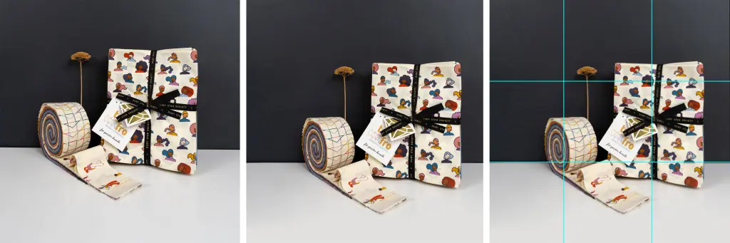 3 different compositions of the same product photography image featuring fabric supplies. Showing a grid and how the elements sit on the rule of thirds.