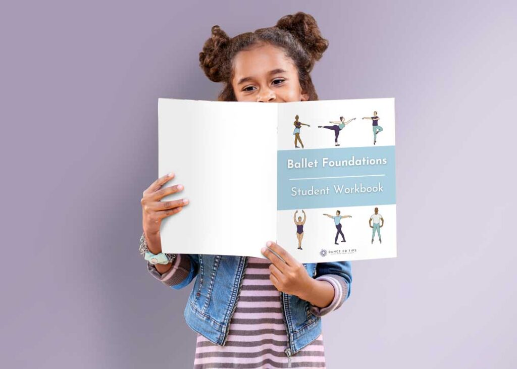Composite of young girl reading the Ballet Foundations Student Workbook from Dance Ed Tips.