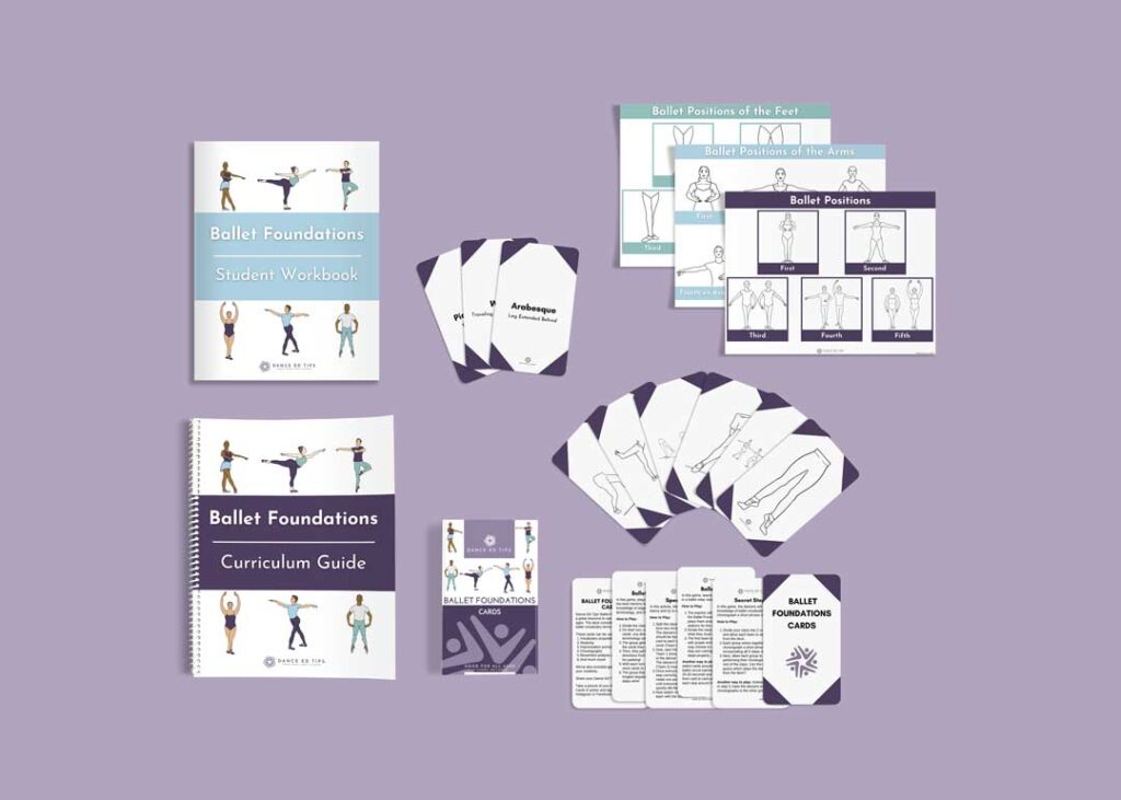 Dance Ed Tips Ballet kit and cards laid out on purple background.
