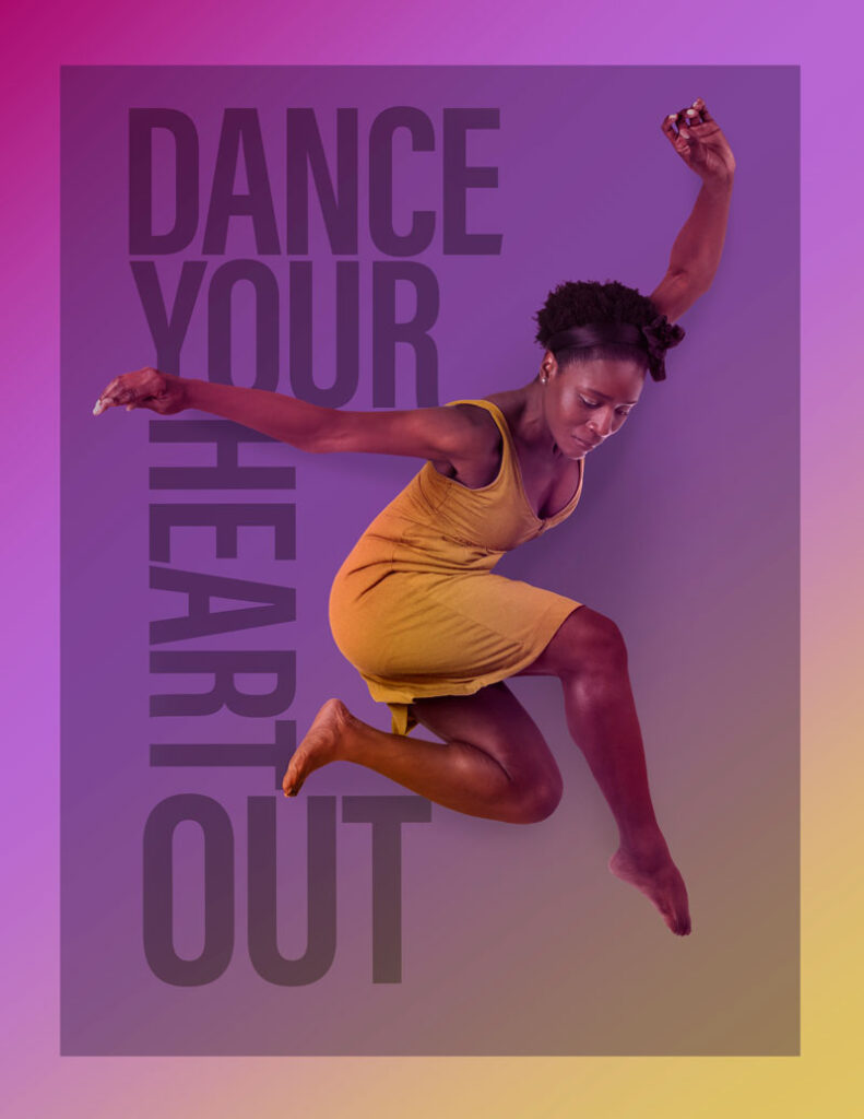 Dance poster design saying "Dance your heart out" with dancer leaping in yellow dress.