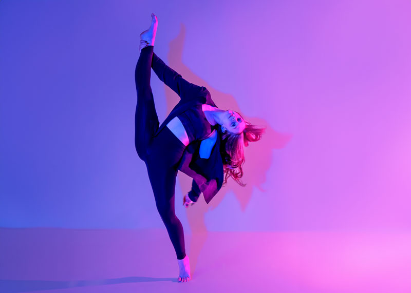 Move by Morelli company dancer shoot, featuring gel lighting with colorful shadows.