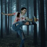 Photo composite of a tap dancer from Rocky Mountain Rhythm posed in a toe stand kick as the undead in a dark musky forest scene.