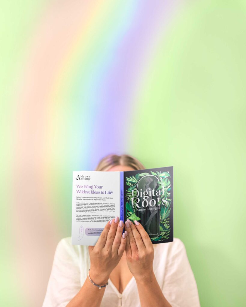 Woman reading book under the reading rainbow.