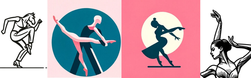 A series of illustrations created by ai showing dancing figures with too many limbs and an arm coming out of the head. Showing the problems with AI as your designer.