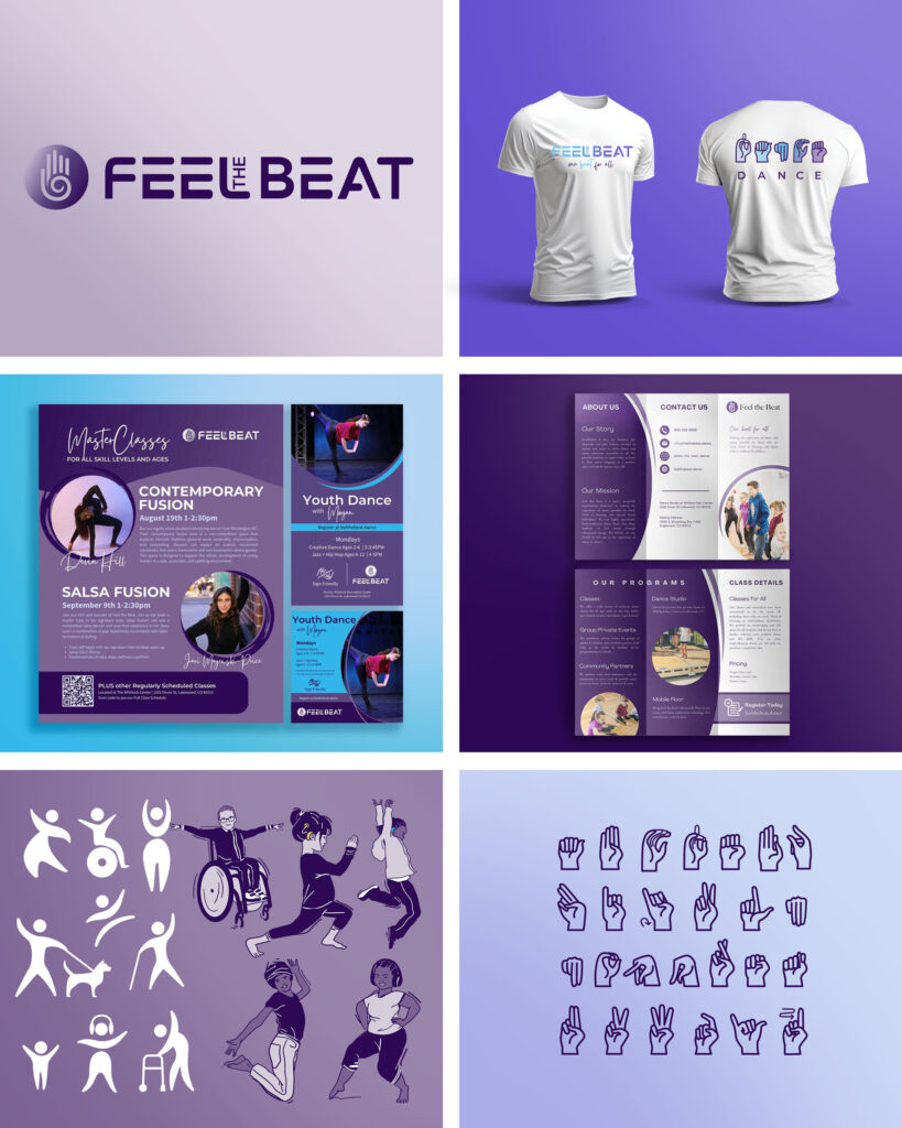 Branding and design package example with merch, flyers, illustrations, and symbols as made for Feel the Beat.