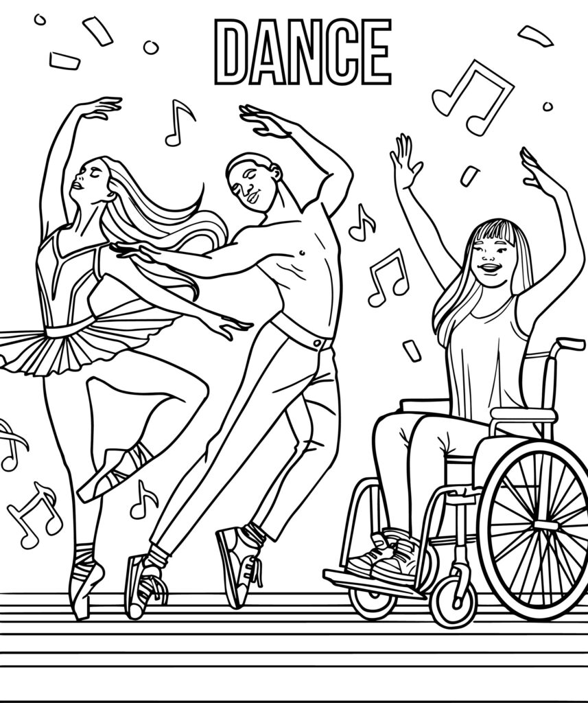Dancers with different abilities coloring book page sample.