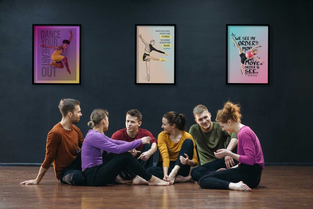 Illustrated and composited dance poster art in dance studio showing personal branding in art.