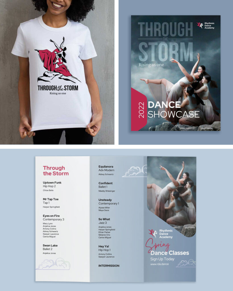 Examples of dance showcase designs with trifold program, flyer and t-shirt merch for "Through the Storm".