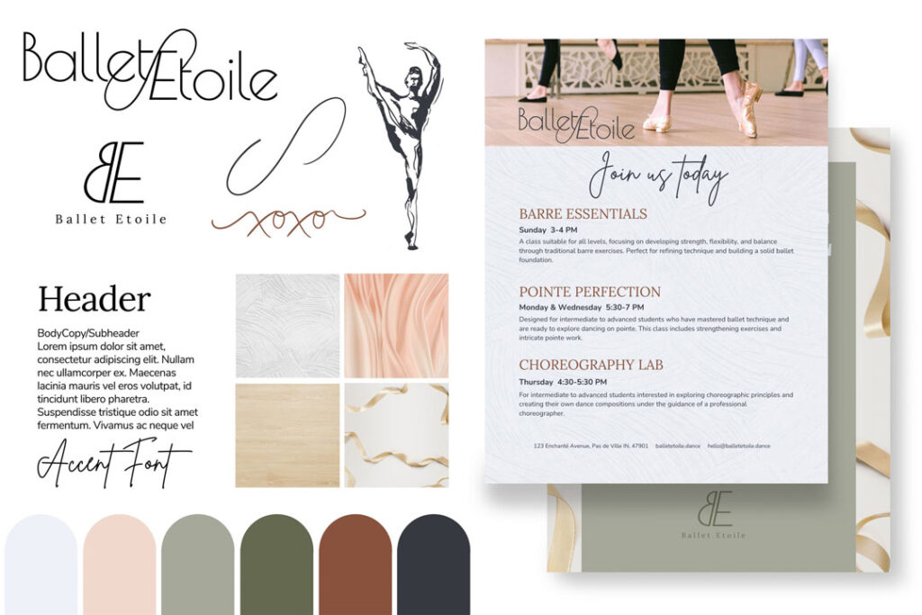 Value-Crafted semi-custom designs for dance studio branding. This one is flowing and delicate, ,with colors of peach and sage.