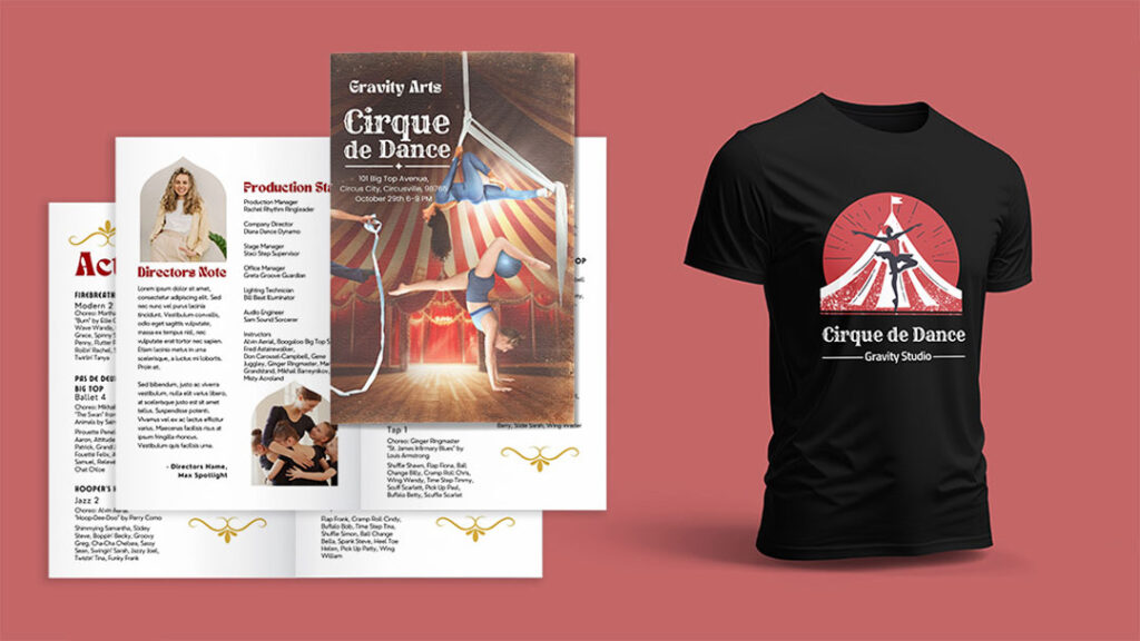 Value-Crafted semi-custom designs for dance studio show materials. This one is a circus theme.
