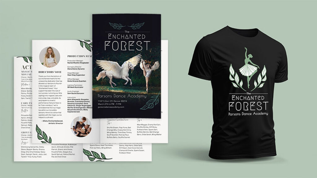 Value-Crafted semi-custom designs for dance studio show materials. This one is a mythical forest theme.