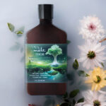 Photo composite of lotion bottle from Melt floating in a milky water with flowers.