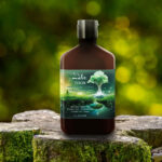 Photo composite of lotion bottle from Melt on a tree stump with nature background.