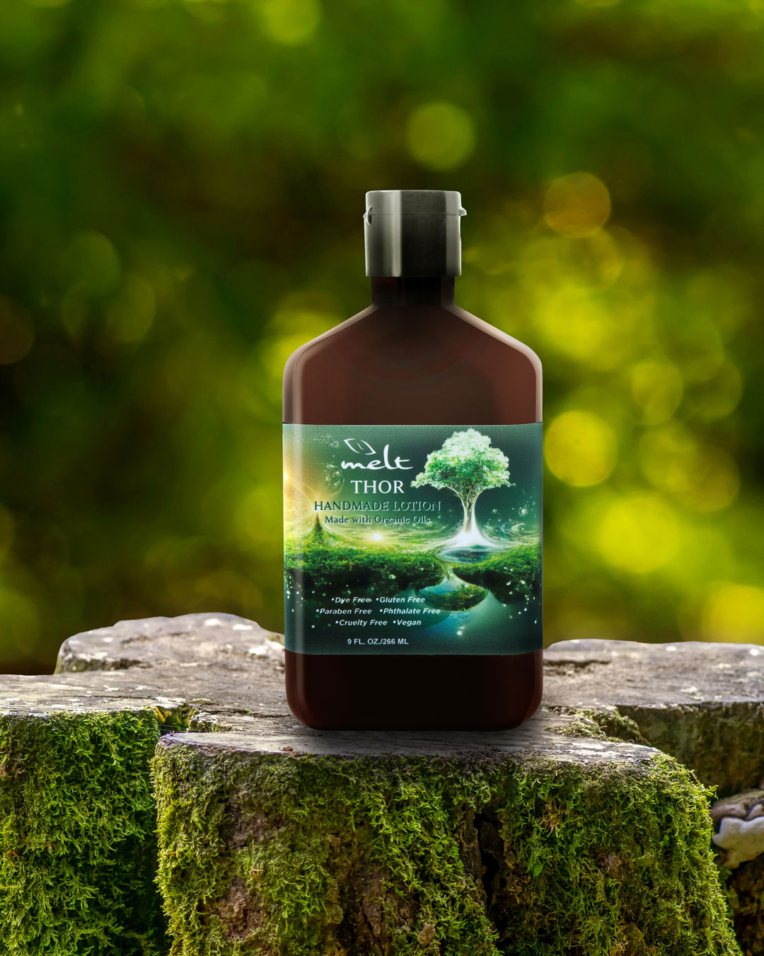 Photo composite of lotion bottle from Melt on a tree stump with nature background.