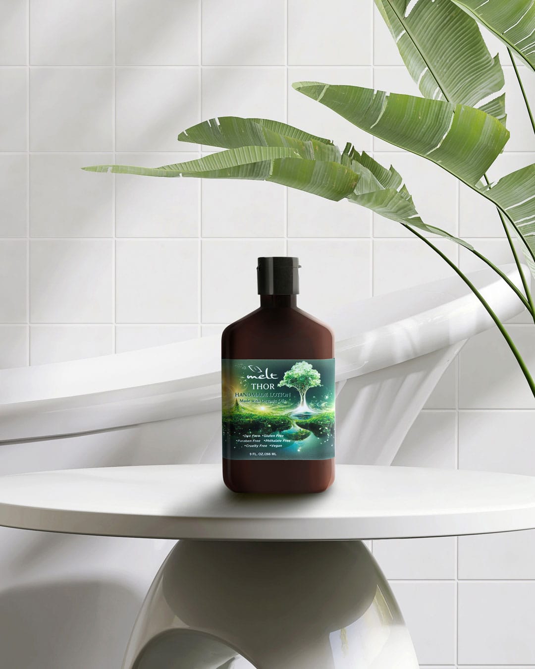 Photo composite of lotion bottle from Melt on a modern table next to a freestanding bathtub.