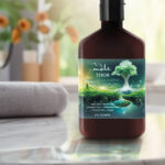 Photo composite of lotion bottle from Melt in a bathroom setting that is bright and colorful.