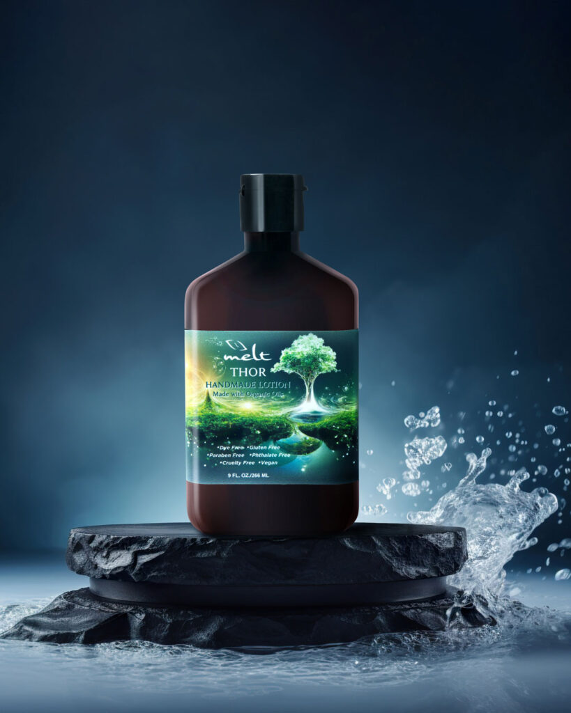 Photo composite of lotion bottle from Melt on a stone with water splashing around in a deep blue scene.