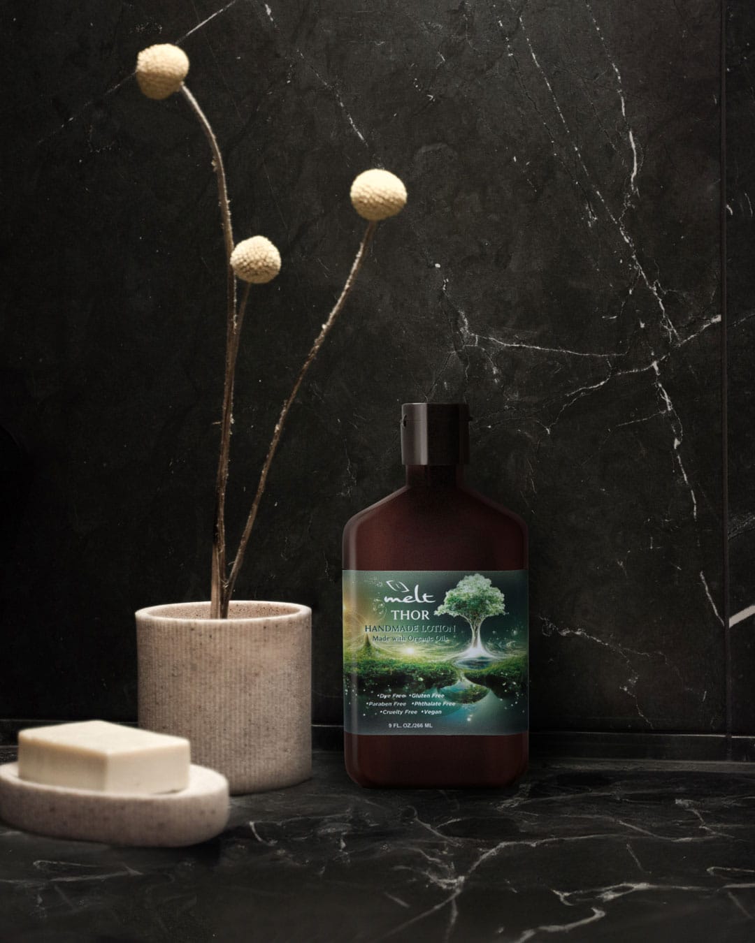 Photo composite of lotion bottle from Melt in a black marble bathroom setting.