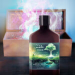 Photo composite of lotion bottle from Melt sitting in front of a box with magical swirls behind it.