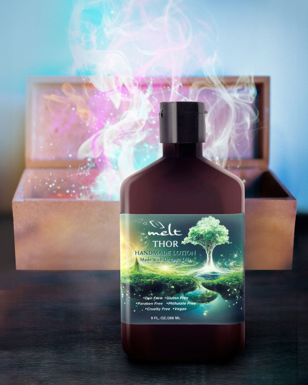 Photo composite of lotion bottle from Melt sitting in front of a box with magical swirls behind it.