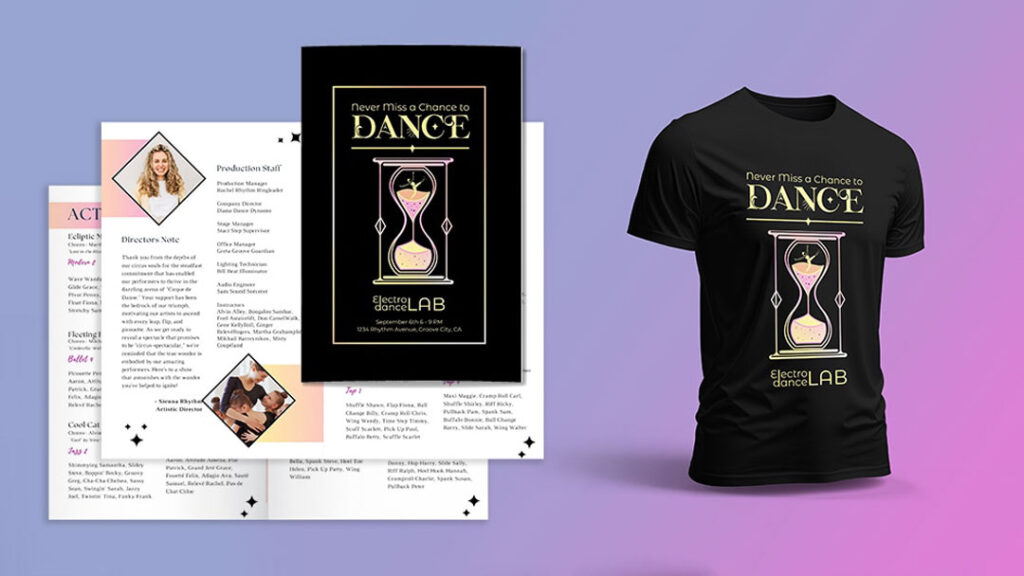 Value-Crafted semi-custom designs for dance studio show materials. This one is a general theme with color and linework.