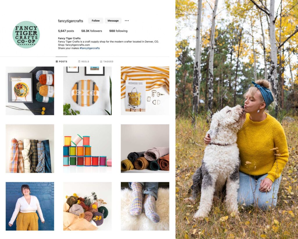 Fancy Tiger Instagram Mockup Grid showing a variety of products and people imagery, next to a photo of one of the company founders with her pup in the Aspens.