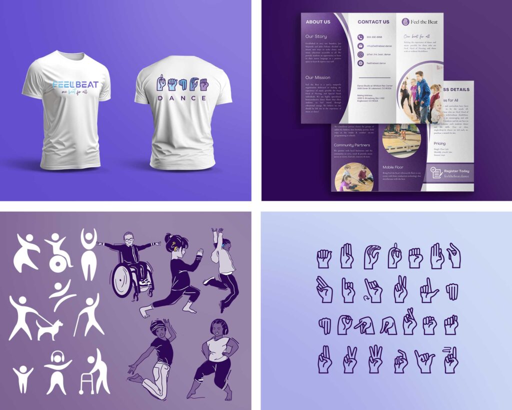 Branding and design package example with merch, flyers, illustrations, and symbols as made for Feel the Beat.