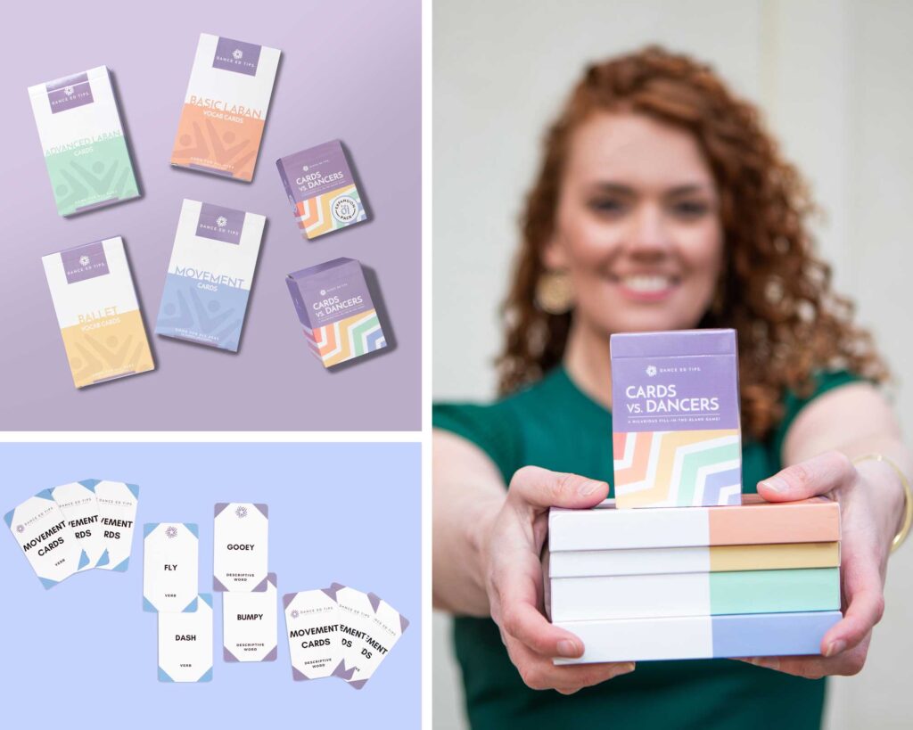 Flatlay of Dance Ed Tips boxes and cards on colorful backgrounds and a photo of the CEO smiling and holding out the cards.