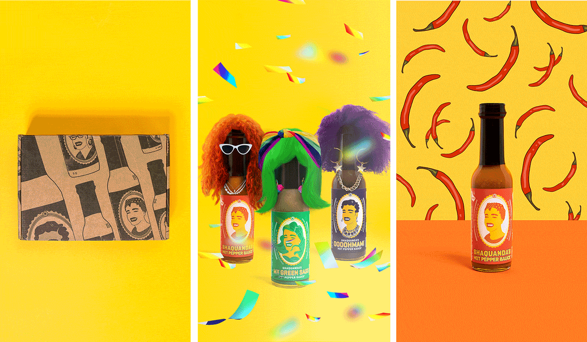 Samples of work for Shquanda's Hot Sauce, including a stop motion GIF, composite and illustration.