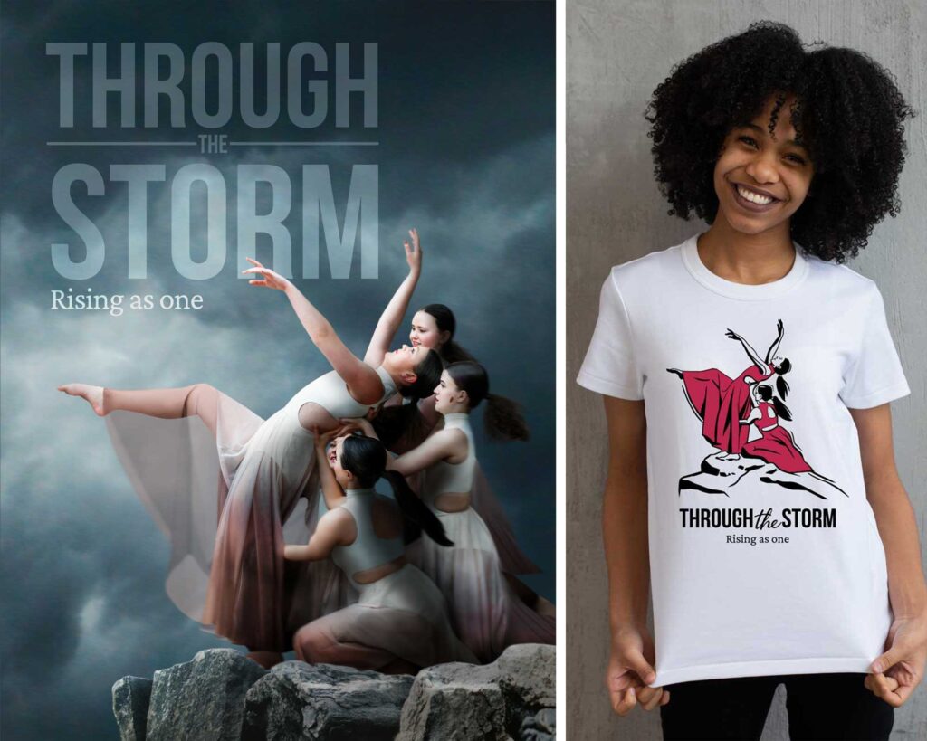 Through the Storm composite cover and illustration t-shirt design art for dance studios.