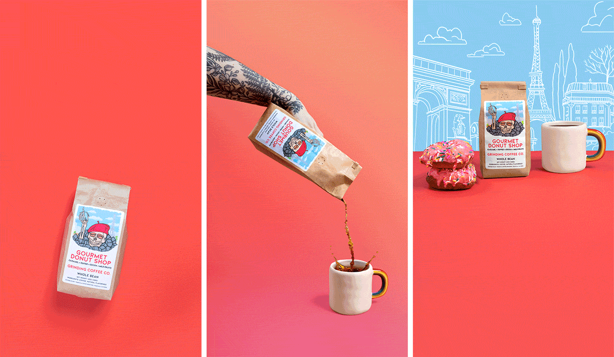 Samples of work for Grinding Coffee Co, including a stop motion GIF, composite and illustration.