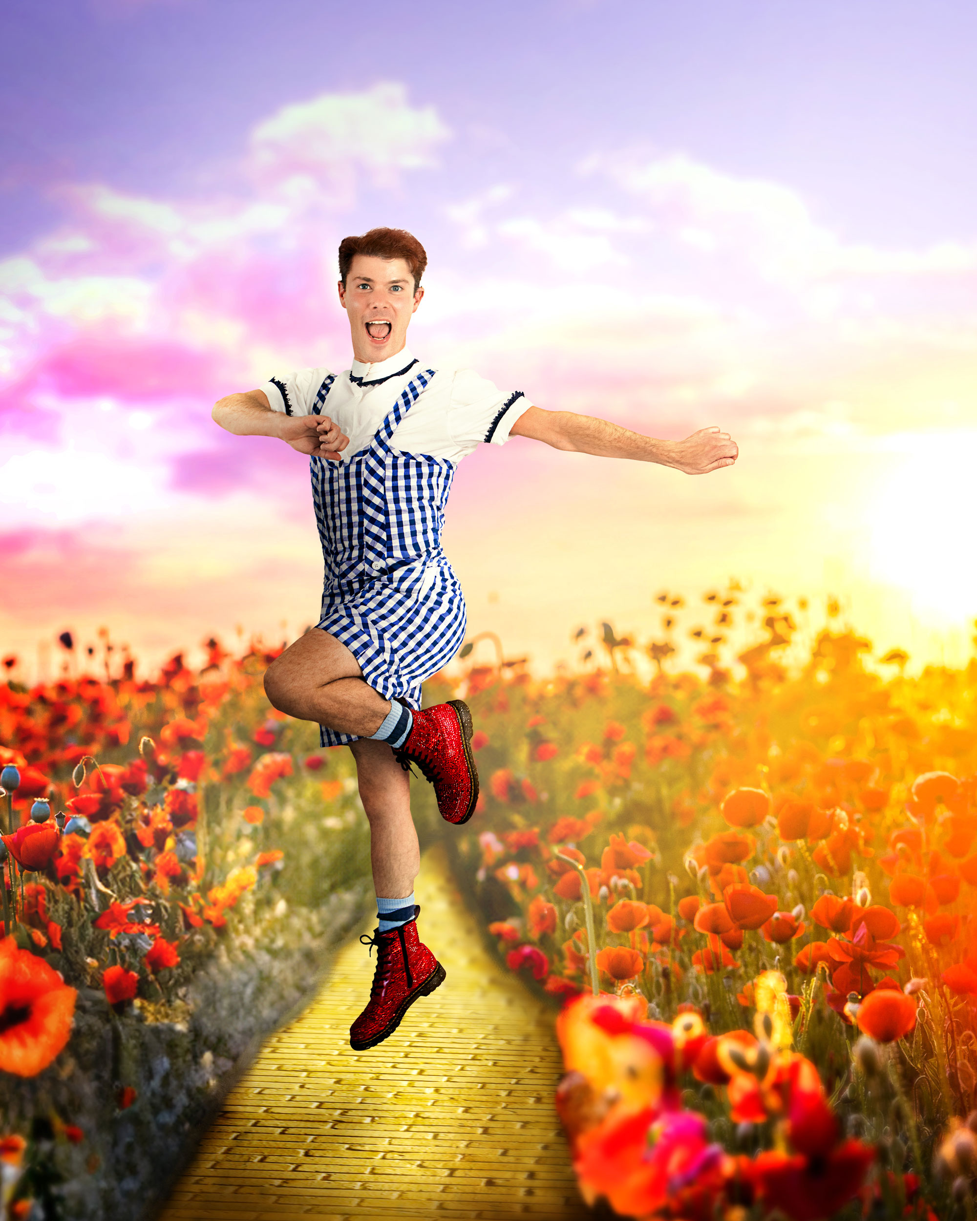 Dancer jumping in a composite featuring a yellow brick roach surrounded by poppies, inspired by the Wizard of Oz