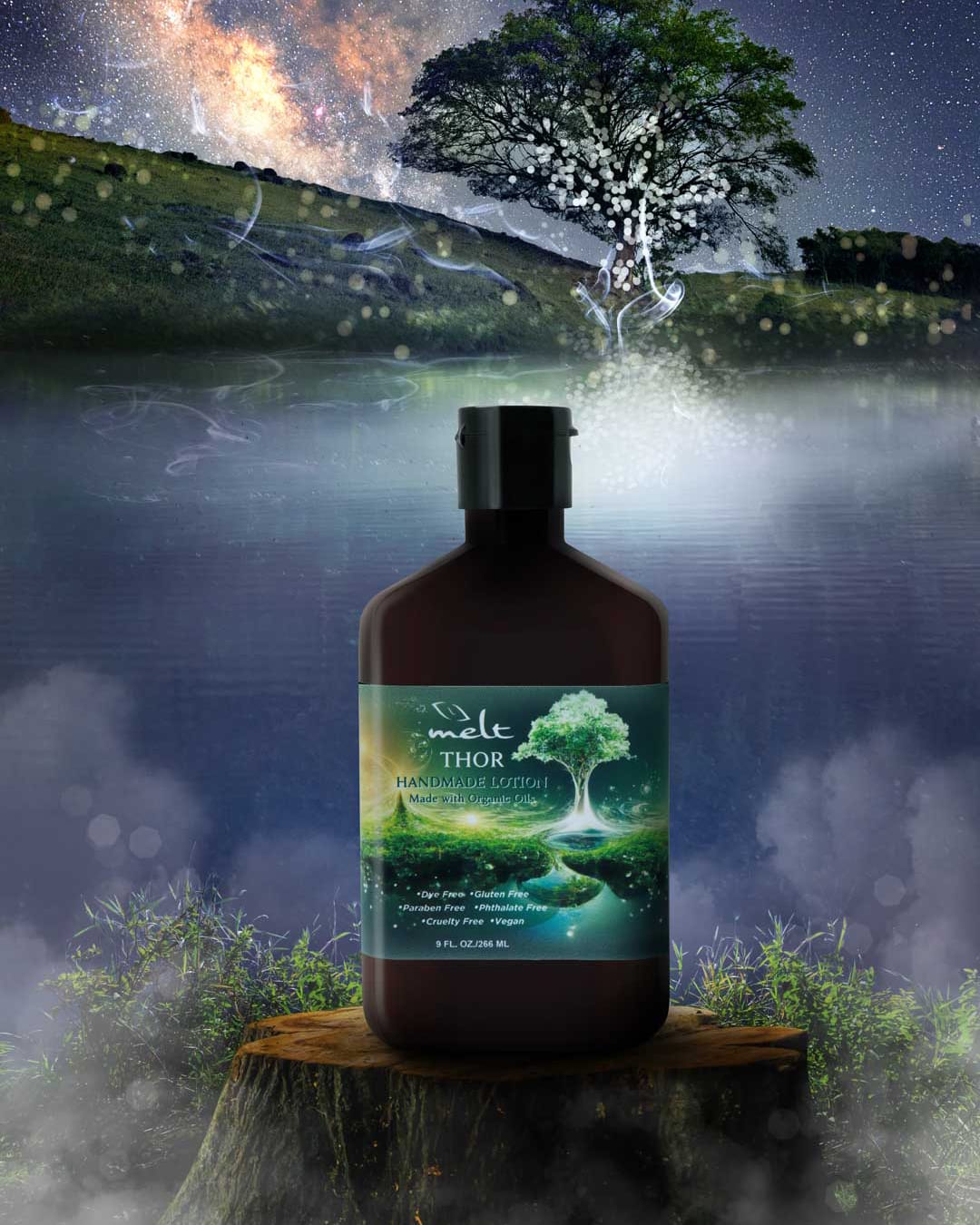 Bottle of melt lotion sitting on a stump with a scene matching the bottle surrounding it