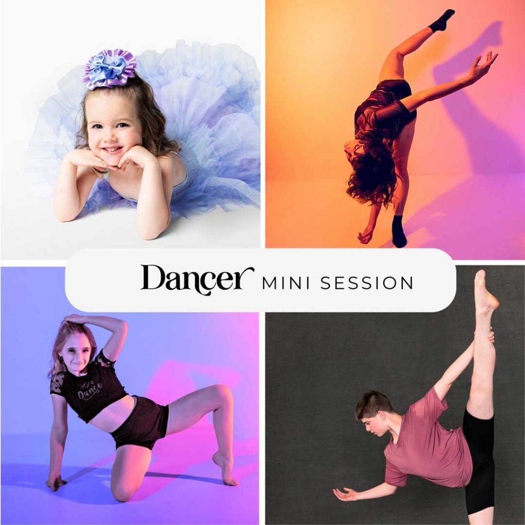 Dancer mini session graphic with dancers on white, grey and colorful gels