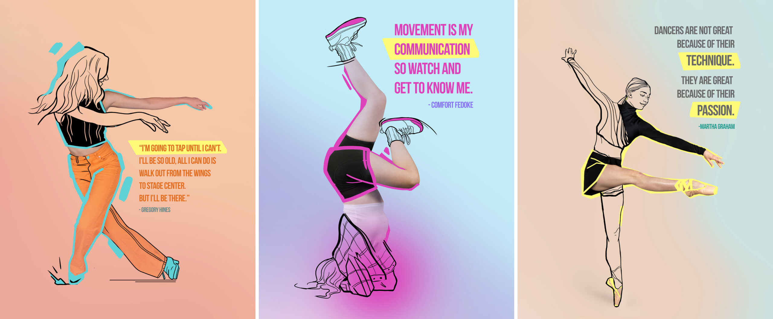 dance poster from photograph featuring dancers and famous quotes with bold colors and illustration