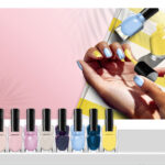 Photo composite mockup for ad of nail polish showing hands painting nails on a beachy yellow and white surface