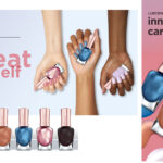 Photo composite mockup for ad of nail polish showing hands holding new nail polish colors and waves of polish under bottles