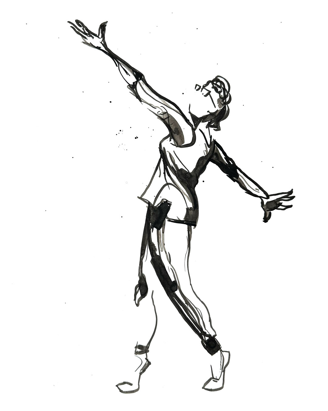 Watercolor painting in black and white of dancer doing standing on eleve reaching outward