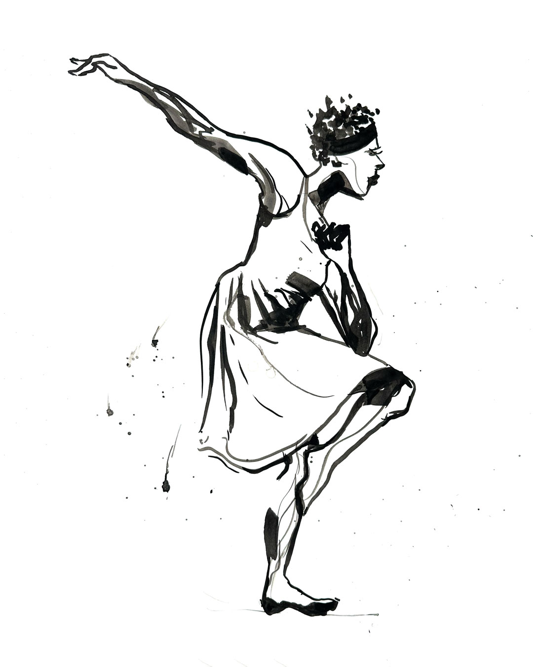 Watercolor painting in black and white of in a bent passe pose