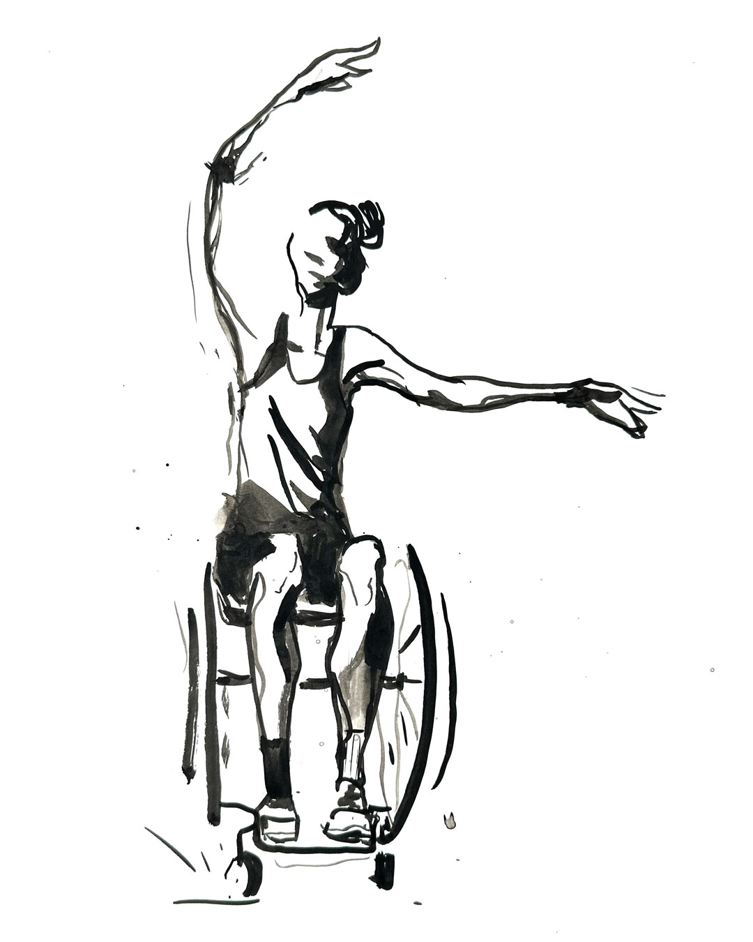 Watercolor painting in black and white of dancer doing ballet in wheelchair