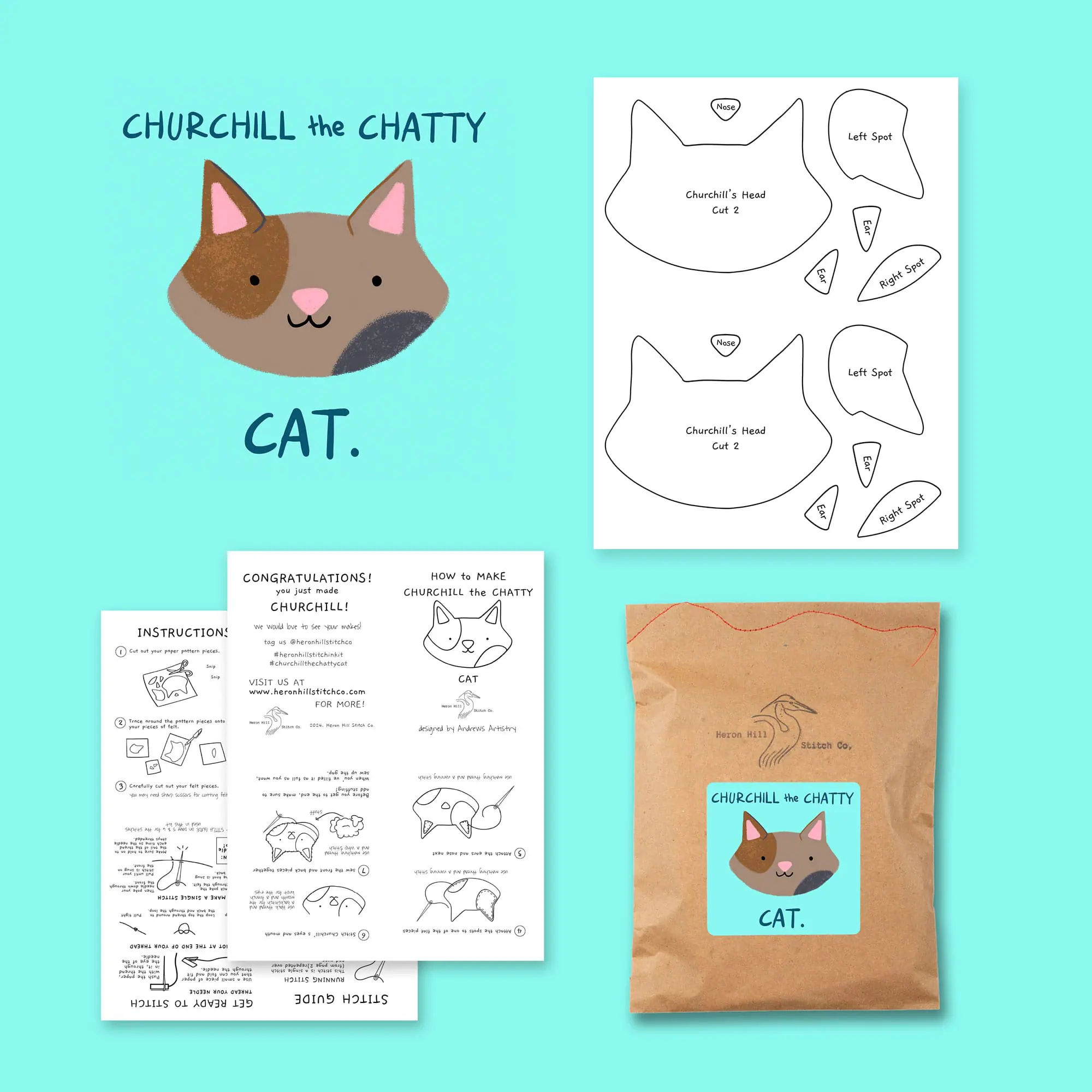 brand photography examples for Heron Hill stitch co including product photography, packaging, and instructions design for Churchill the Chatty Cat