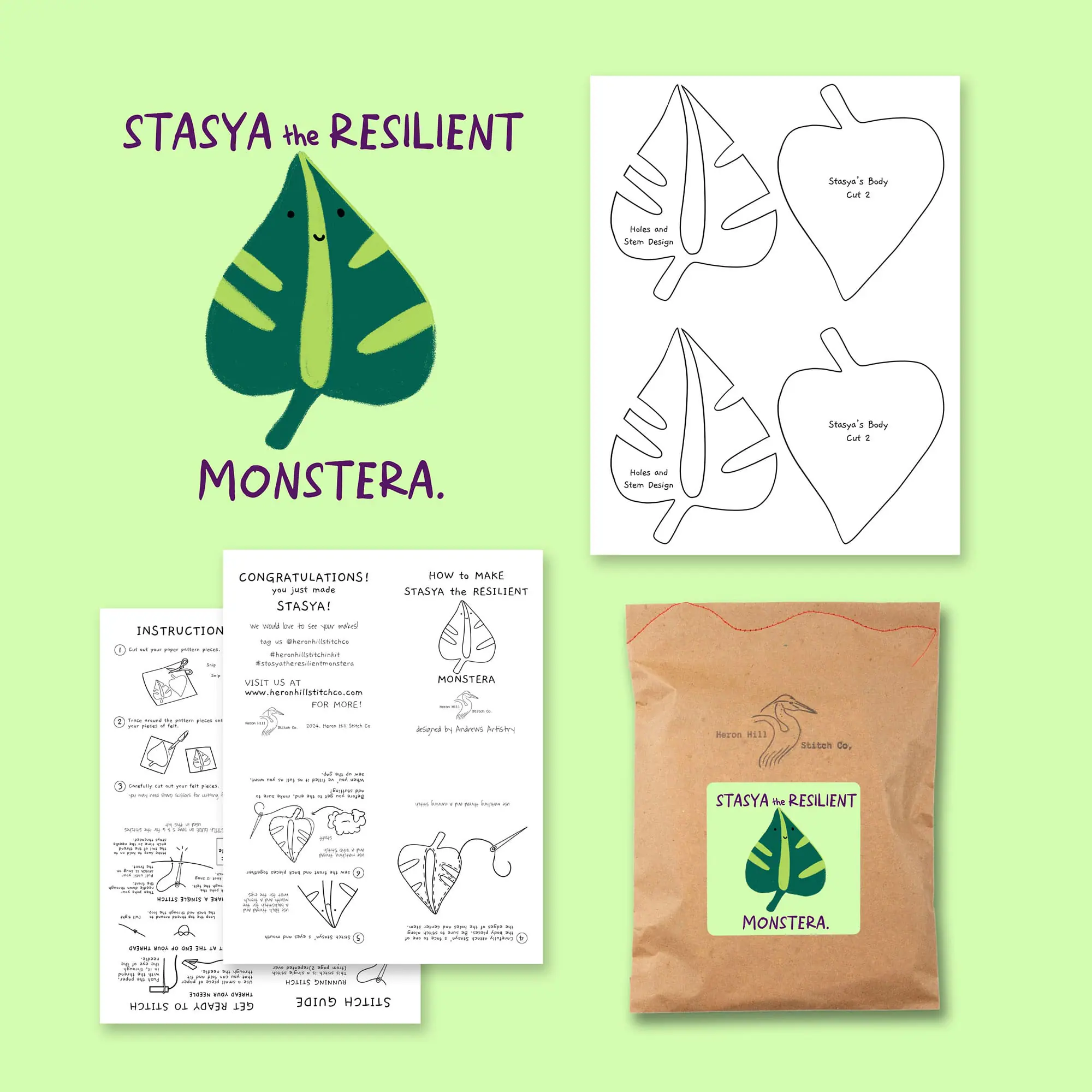 brand photography examples for Heron Hill stitch co including product photography, packaging, and instructions design for Stasya the Resilient Monstera