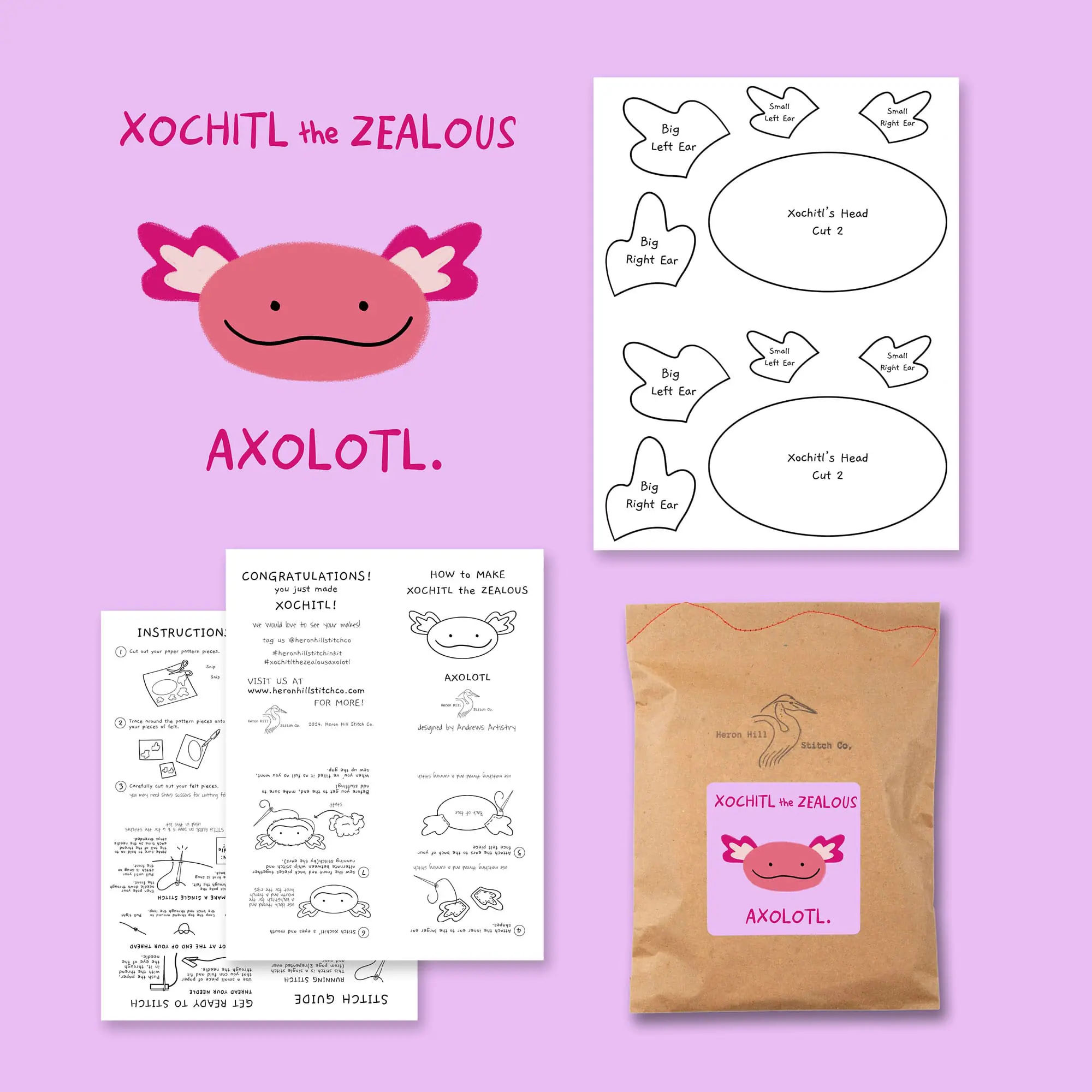brand photography examples for Heron Hill stitch co including product photography, packaging, and instructions design for Xochitl the Zealous Axolotl