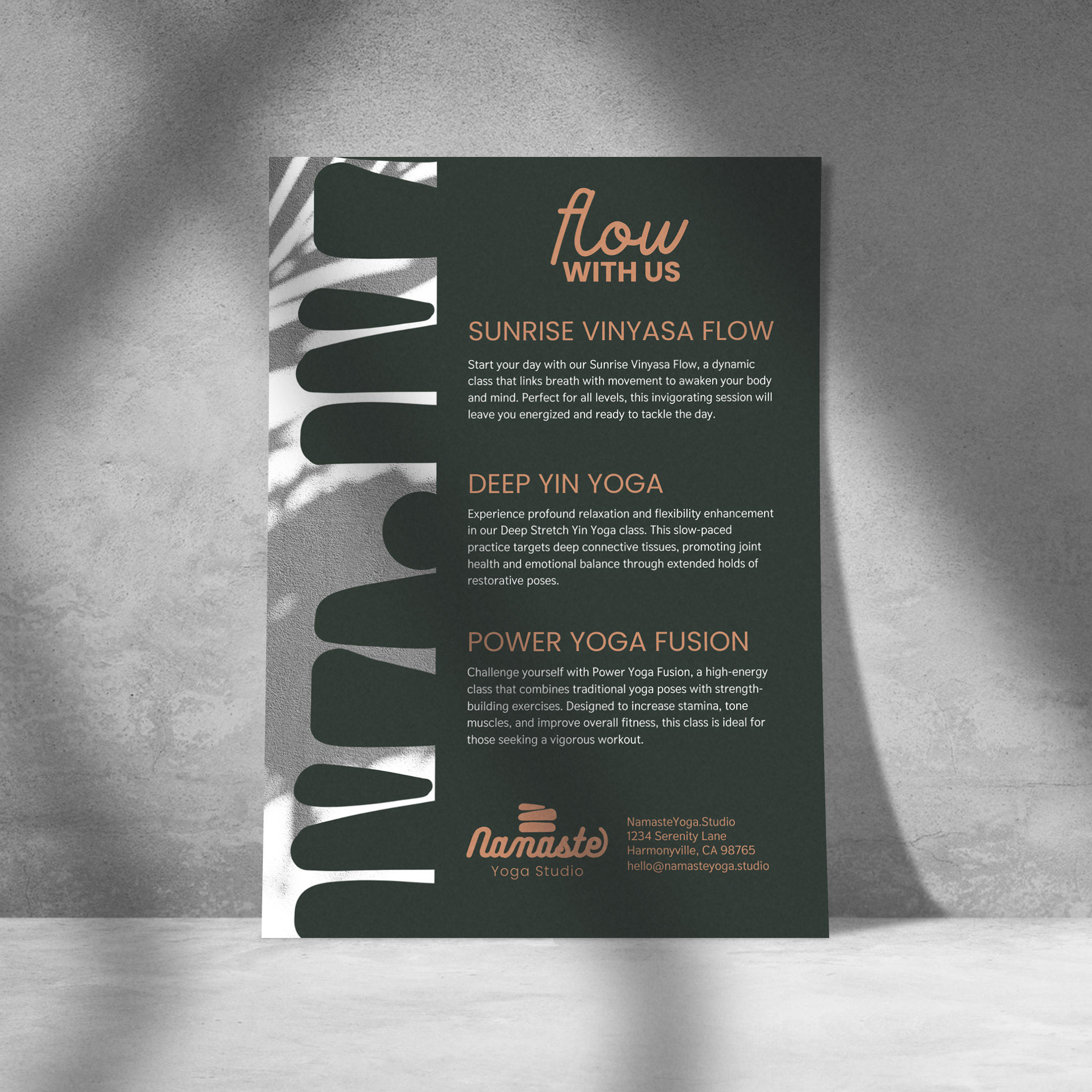 Namaste yoga studio brand package and logo organic calm earthy flyer layout template