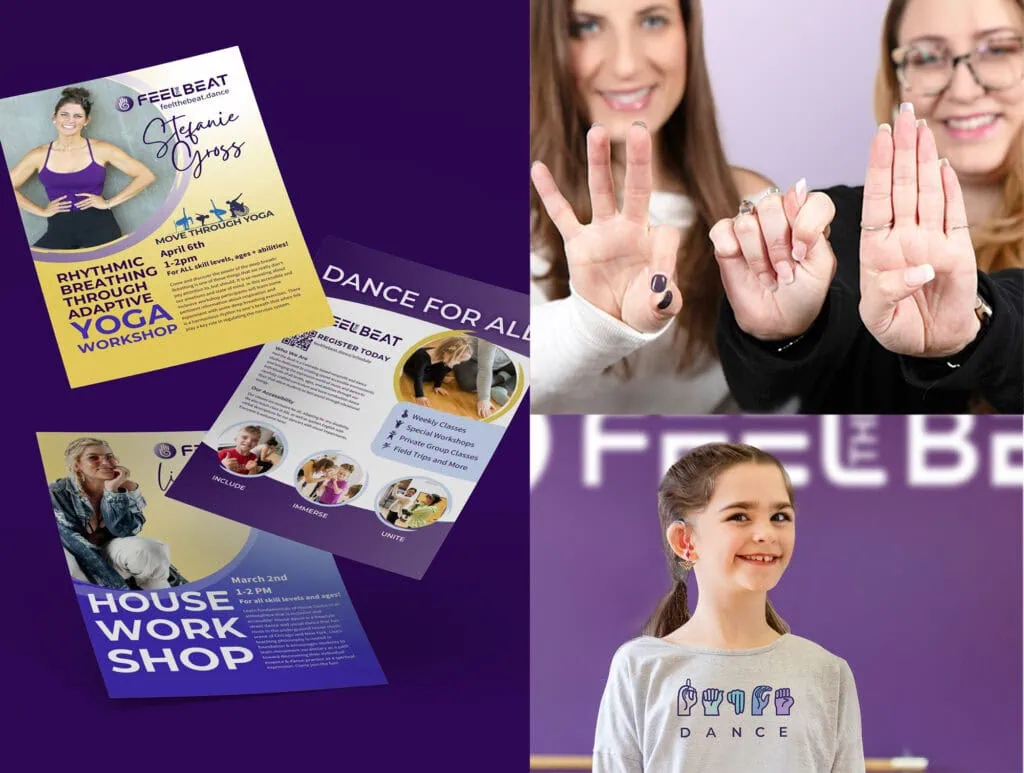 Energetic dance class flyers promoting Feel the Beat dance workshops and yoga programs.