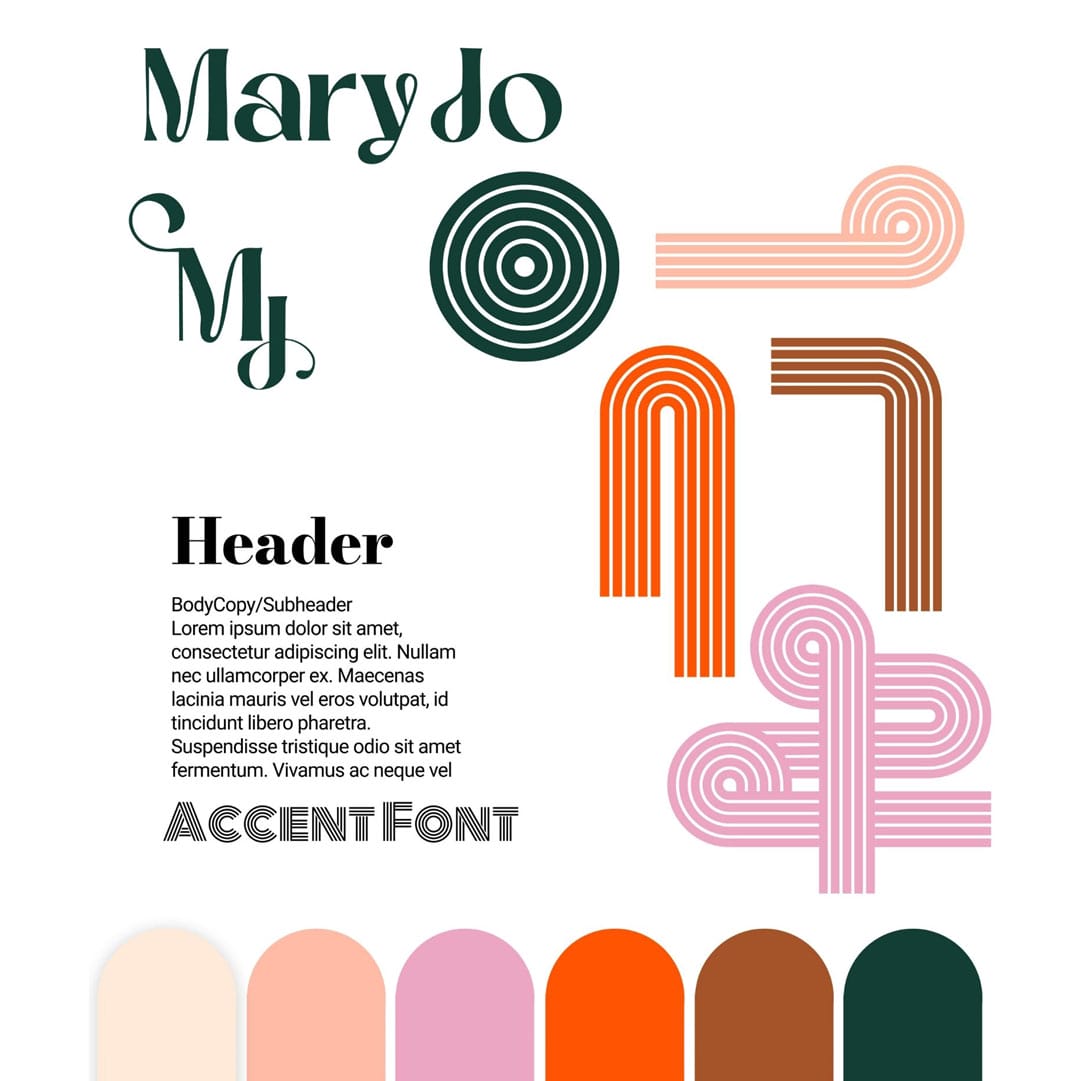 Mary Jo: brand sheet with logo, shapes, colors and fonts