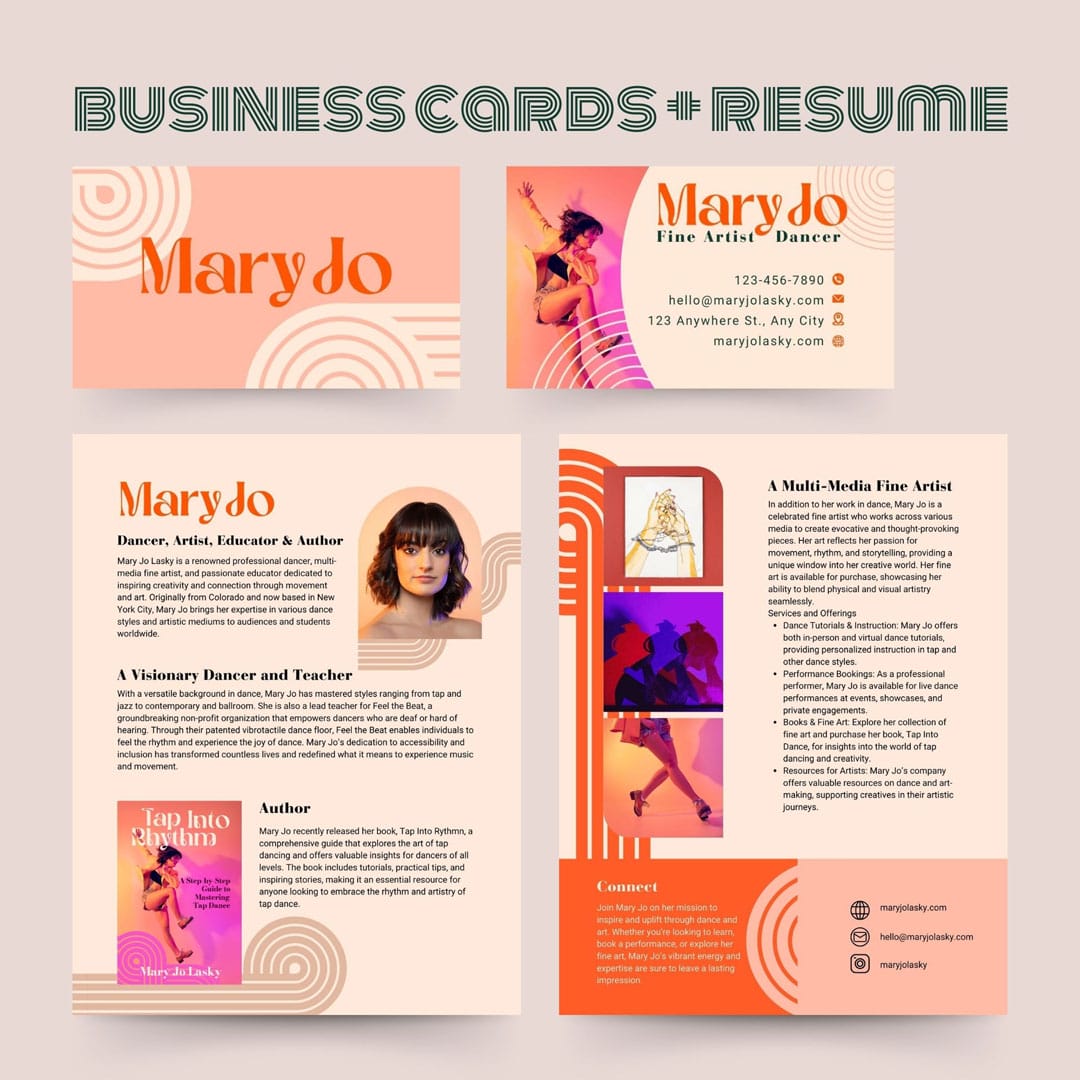 Mary Jo: Artist and Dancer business cards and resume