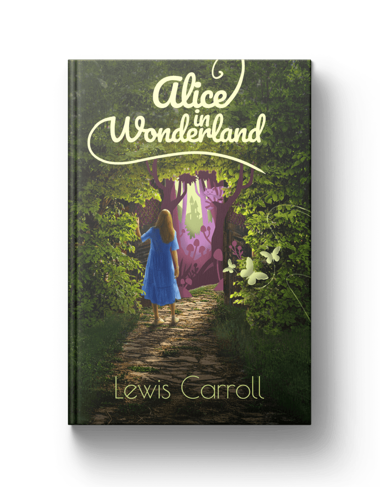 Vibrant book cover illustration of Alice in Wonderland with lush greenery and whimsical design elements.