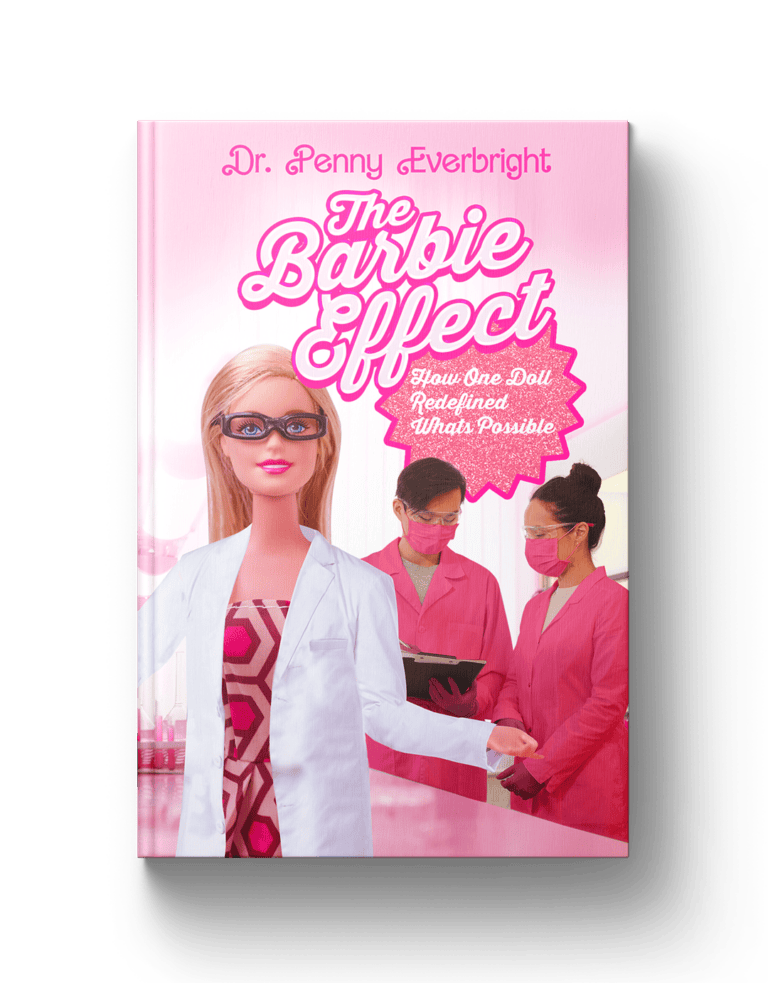 Bright pink themed Barbie Impact book cover with dolls and healthcare professionals, emphasizing redefining beauty.